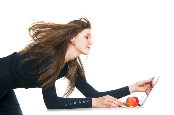 Vento da computer portatile che soffia sulla donna — Foto Stock