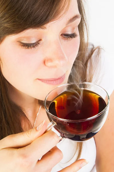 Woman smelling tea — Stock Photo, Image