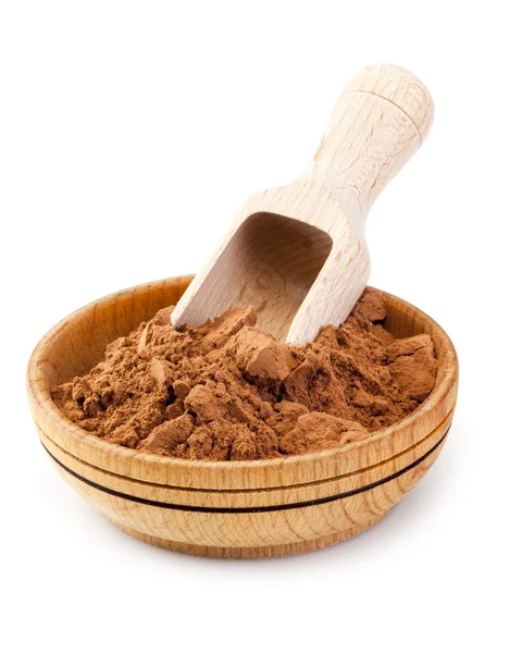 Cocoa powder in wooden bowl — Stock Photo, Image