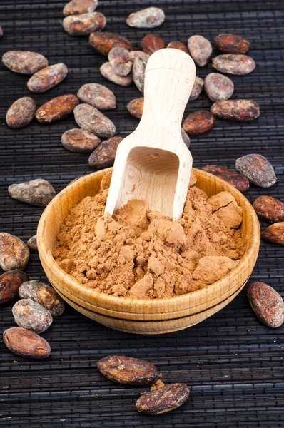 Poeder van de cacao in kom met cacao bonen rond — Stockfoto