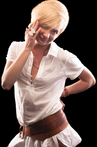 Blonde woman in long white shirt — Stock Photo, Image