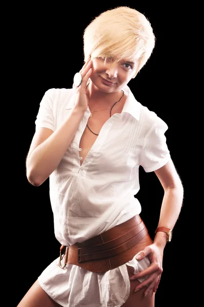 Blonde vrouw in lange shirt — Stockfoto