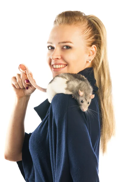 Woman with a rat on her shoulder — Stock Photo, Image