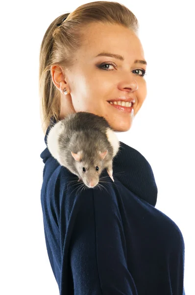 Woman with a rat on her shoulder — Stock Photo, Image