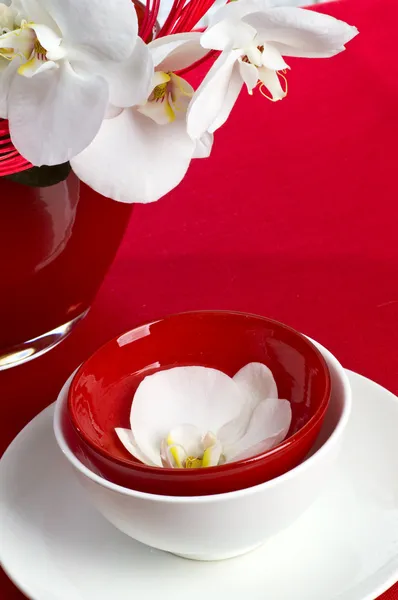 Mesa servida com flor de orquídea — Fotografia de Stock