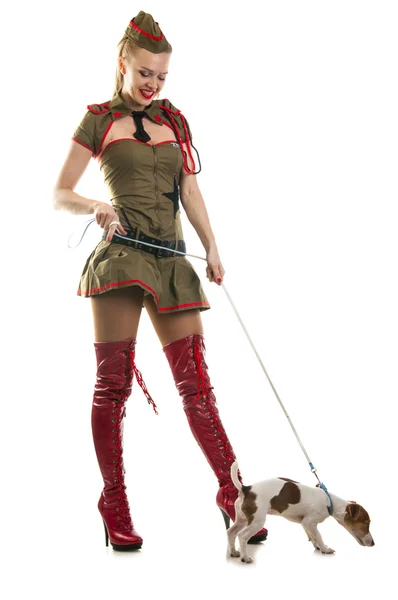 Russell terrier ile seksi askeri — Stok fotoğraf