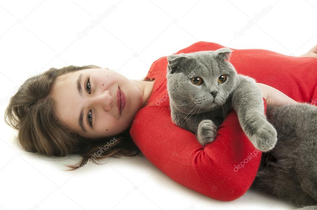 Girl with Scottish Fold cat