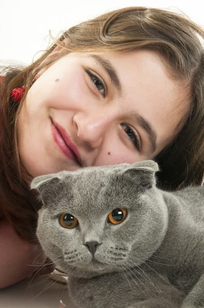 Adolescente chica con escocés Fold gato — Foto de Stock