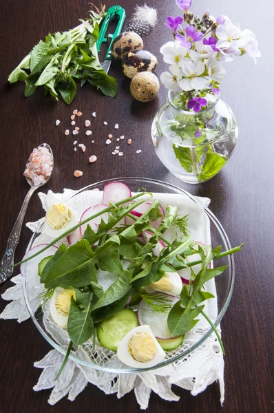 Frühlingssalat mit Löwenzahnblättern — Stockfoto