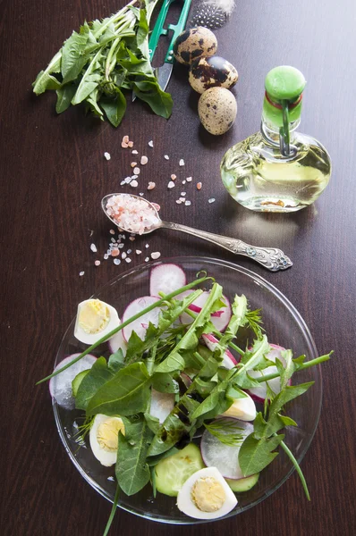 Frühlingssalat mit Löwenzahnblättern — Stockfoto