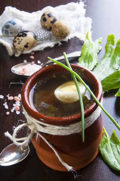 Green soup in jug — Stock Photo, Image