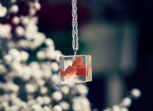 Dried real hydrangea flower magic resin pendant in eco epoxy resin, gift for her, botanical jewelry, floral forest