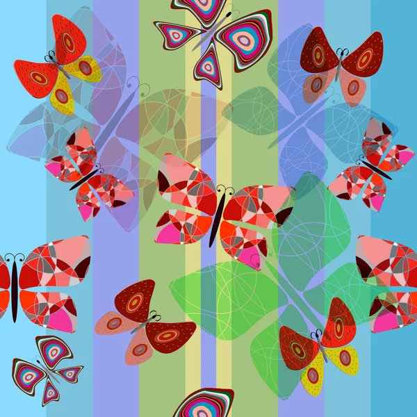 Nahtlose Illustration mit Schmetterlingen und farbigen Linien — Stockvektor