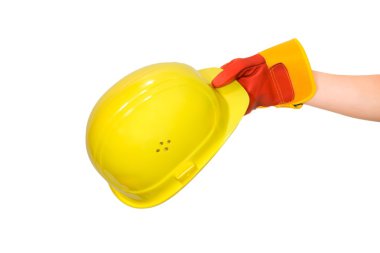 izole sarı kask elinde eldiven el