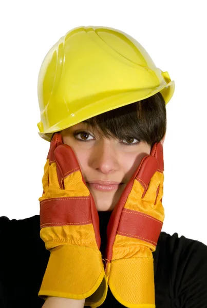 Girl in yellow hard hat and red gloves — Stock Photo, Image