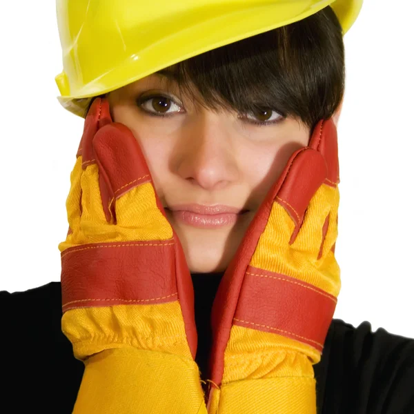 Chica en sombrero duro amarillo y guantes rojos — Foto de Stock