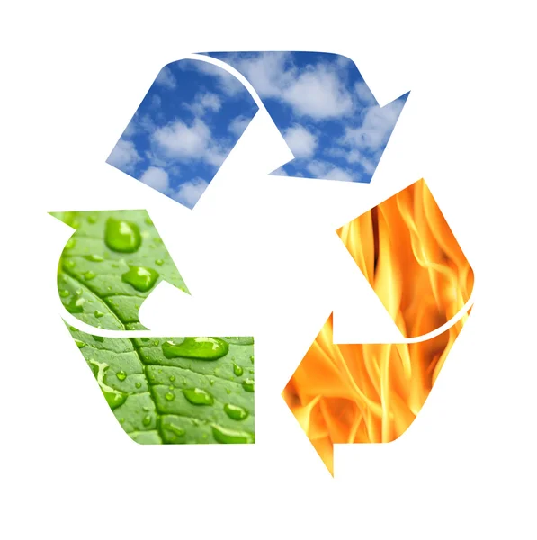 Recycle symbol made from fire, clouds and green leaf with drops — Stock Photo, Image