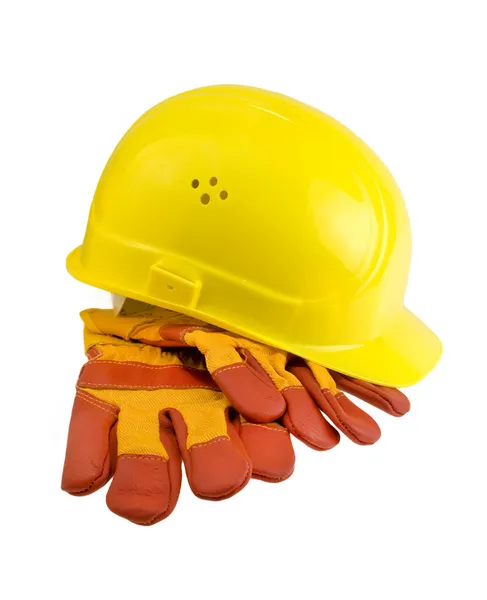 Sombrero duro amarillo, guantes protectores y acero aislado — Foto de Stock