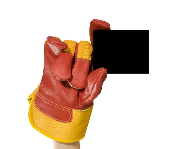 Czerwone rękawice ochronne, trzymając pusty rama czarnego tekstu — Zdjęcie stockowe