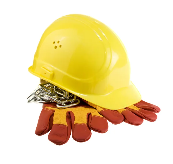 Yellow hard hat, protective gloves and steel chain isolated — Stock Photo, Image