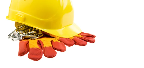 Yellow hard hat, protective gloves and steel chain isolated — Stock Photo, Image