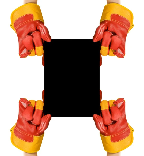 Guantes protectores rojos que sostienen un marco negro vacío para su texto —  Fotos de Stock