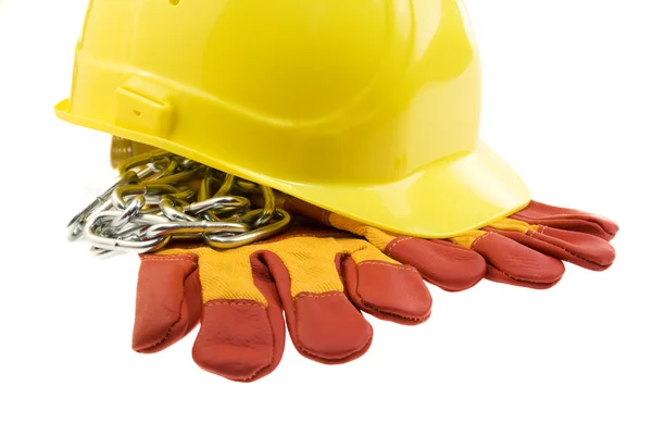 Yellow hard hat, protective gloves and steel chain isolated — Stock Photo, Image