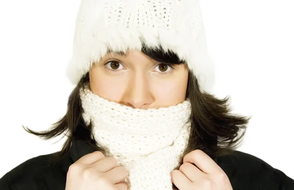 Girl in white knit cap and scarf — Stock Photo, Image