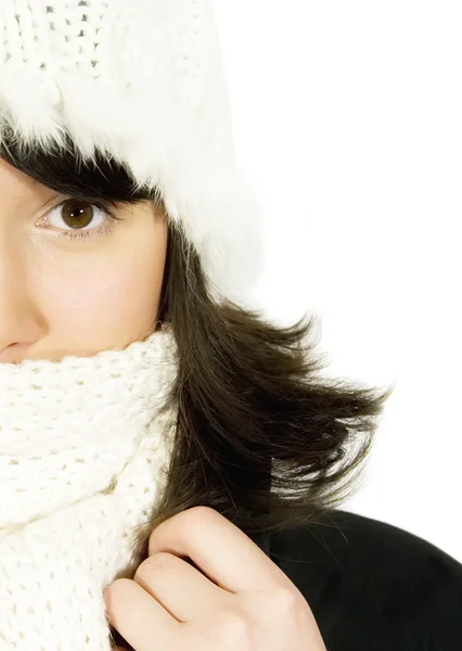 Girl in white knit cap and scarf — Stock Photo, Image