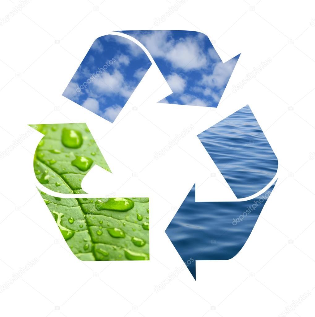 Recycle symbol made from waves, clouds and green leaf with drops