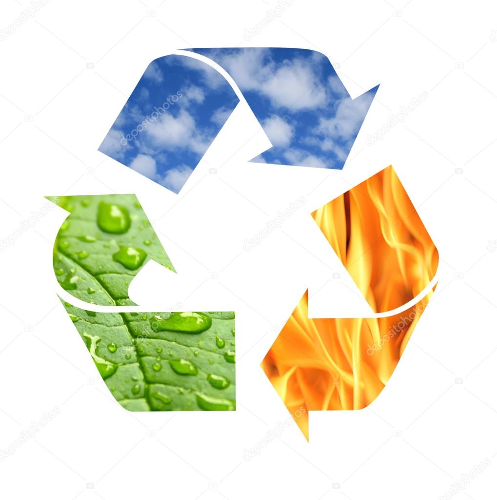 Recycle symbol made from fire, clouds and green leaf with drops