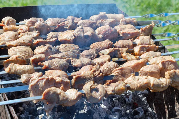 Meat is roasted on skewers in smoke — Stock Photo, Image