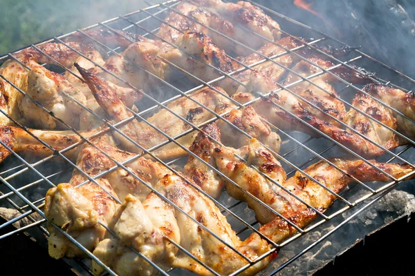Grilling chicken on a barbecue in smoke Stock Photo