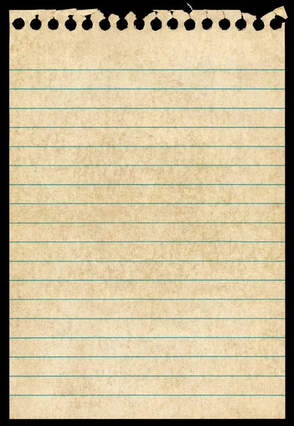 Old torn notepaper page isolated black background. — Stock Photo, Image