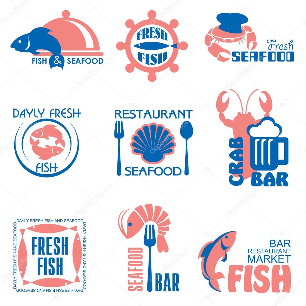 Set vector labels and emblems of fish and seafood