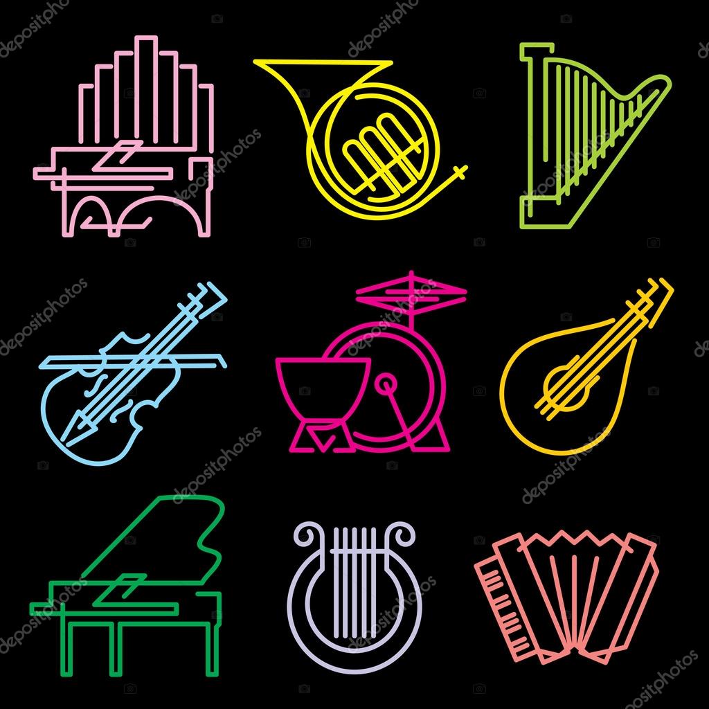 Set of vector icons musical instrumen from the luminous lines