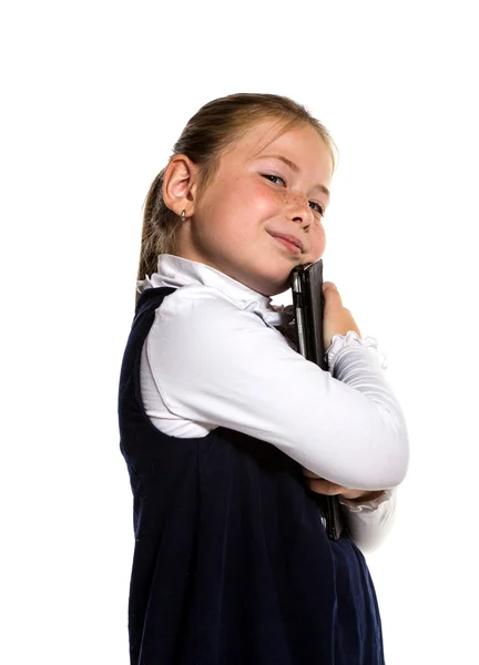 La bambina con la tavoletta su sfondo bianco — Foto Stock