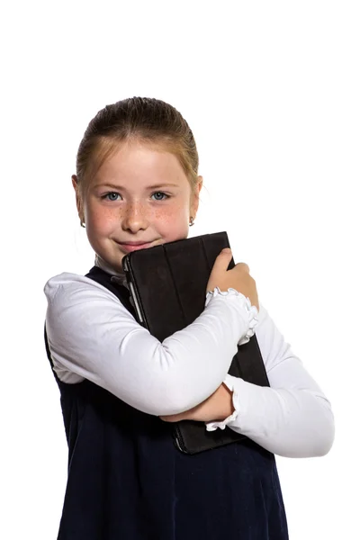 A menina com o tablet em um fundo branco — Fotografia de Stock