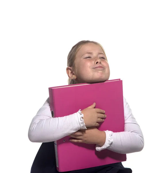 Menina da escola feliz segurar um livro — Fotografia de Stock