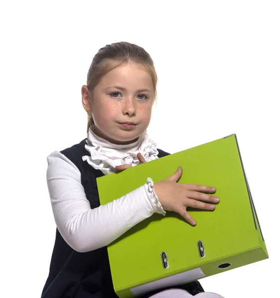 Školy dívka drží knihu — Stock fotografie