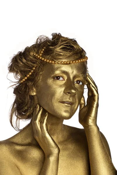 Golden woman with pearls — Stock Photo, Image