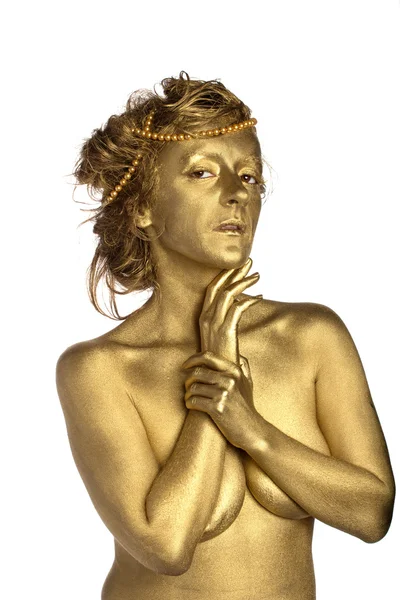 Golden woman with pearls — Stock Photo, Image