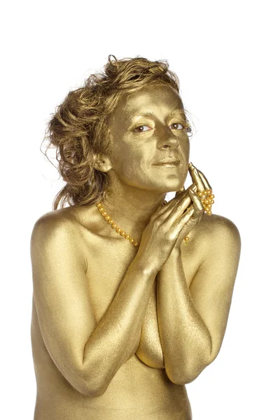 Mujer dorada con perlas — Foto de Stock