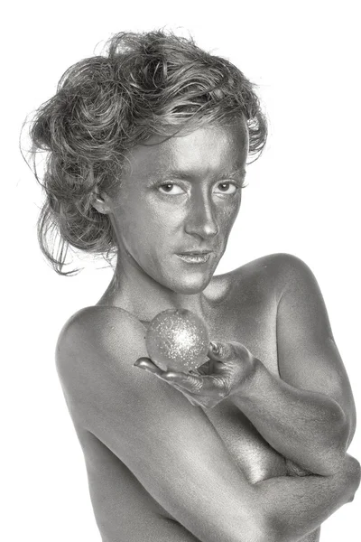 Silver woman with apple — Stock Photo, Image