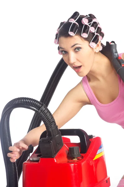 Funny girl with hair curlers on her head — Stock Photo, Image