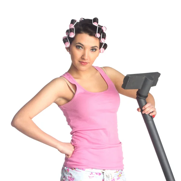 Funny girl with hair curlers on her head — Stock Photo, Image