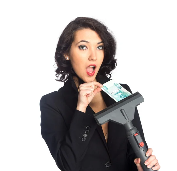 Business woman pull money from vacuum cleaner — Stock Photo, Image