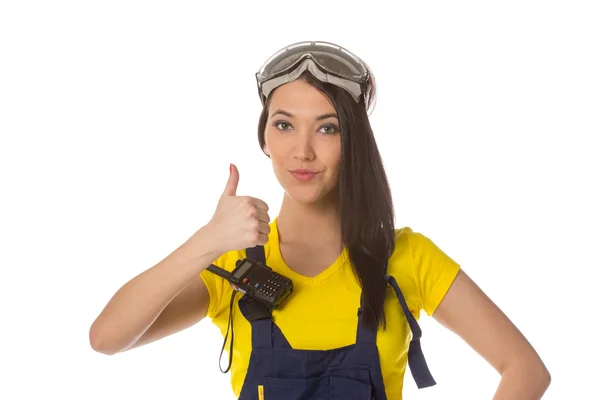 A female construction worker holding a ok signal - isolated. — Stock Photo, Image