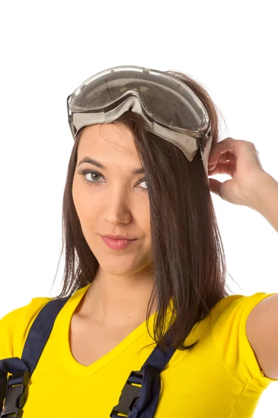 Serious female construction worker with goggles — Stock Photo, Image