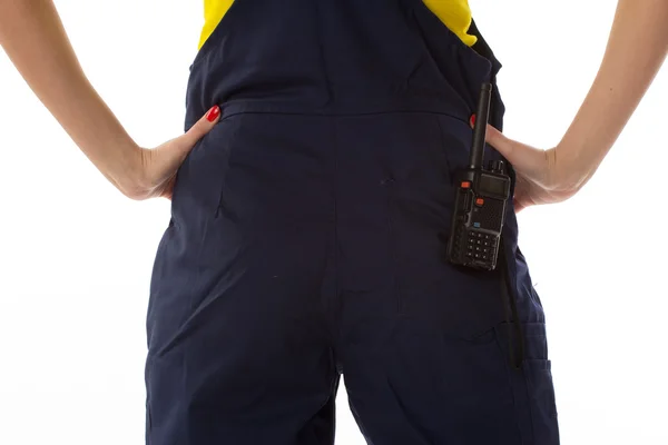 Woman hand take off cb radio from pocket — Stock Photo, Image